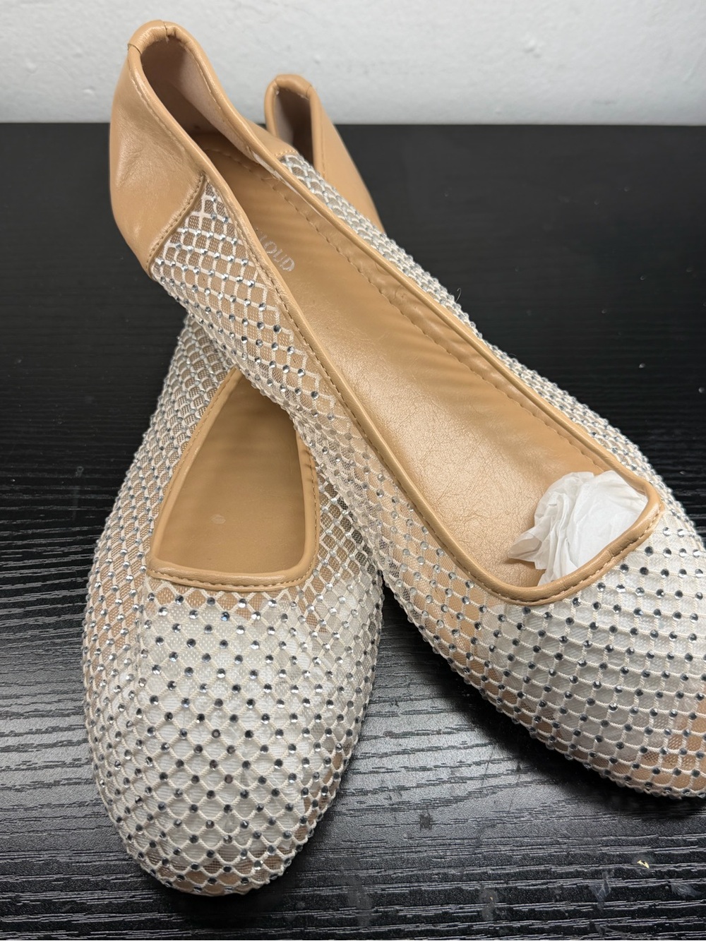 Women's Beige Mesh Ballet Flats with Rhinestone Accent